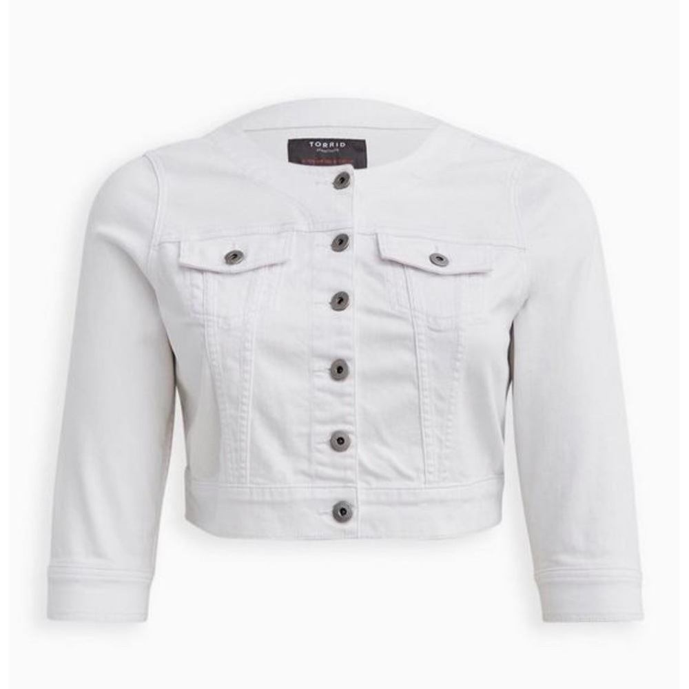 DENIM CROP COLLARLESS JACKET